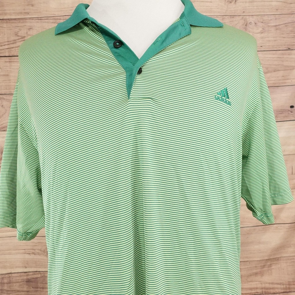 Adidas Climalite Polo Shirt Mens L Green Polyester Spandex Striped Golf Jersey